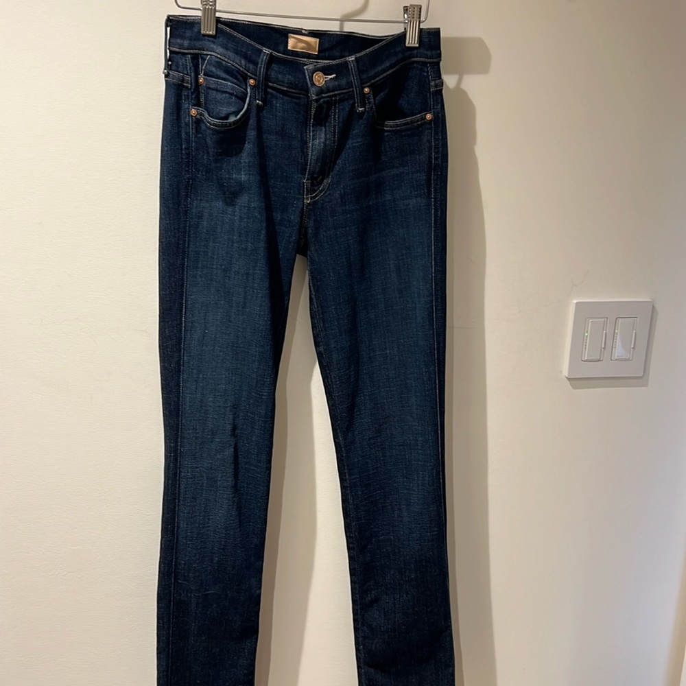 Mother dark denim jeans; mid rise, full length (not cropped)